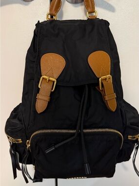 Black Nylon Backpack with Brown Trim - Men